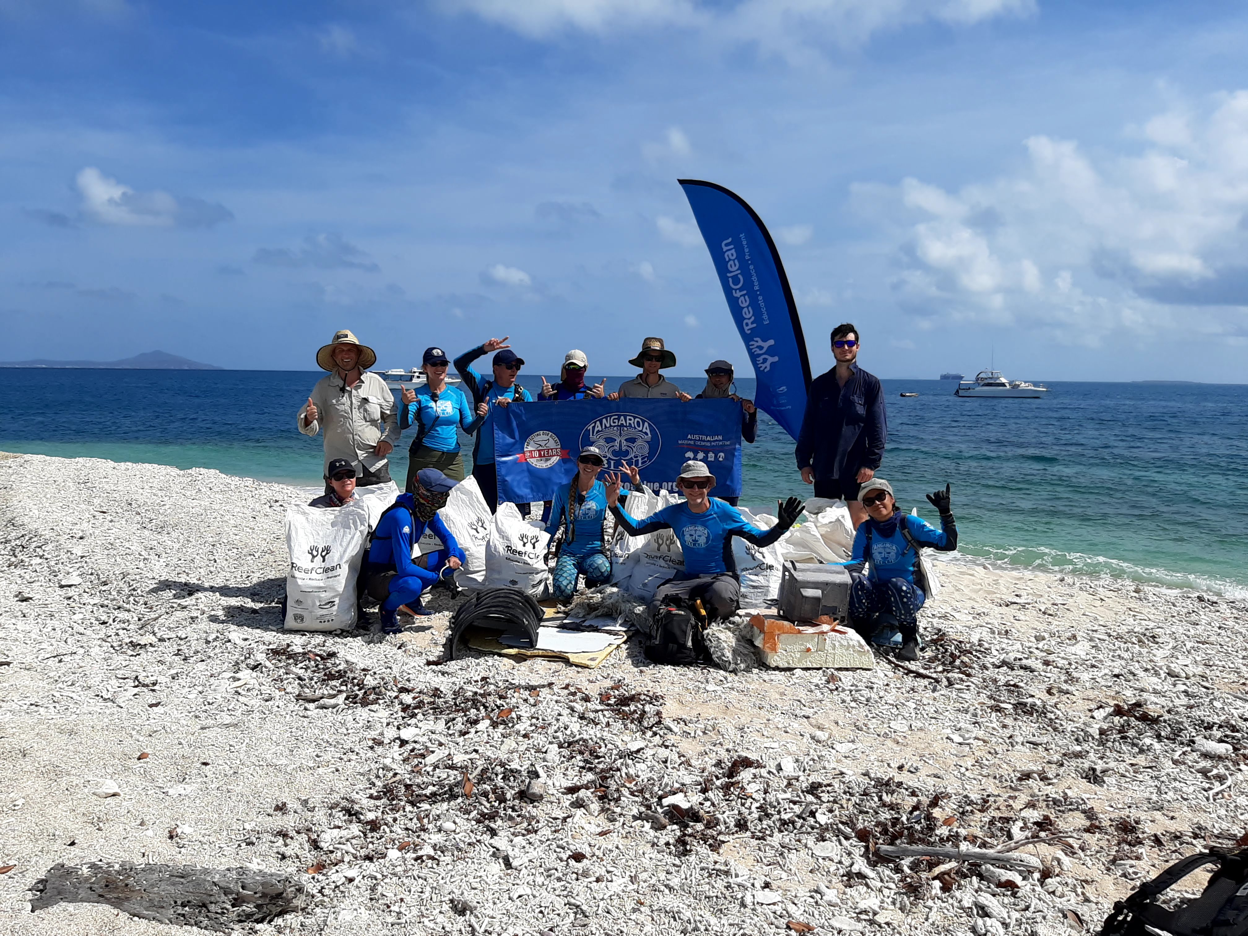 Tangaroa Blue Foundation staff and volunteers during a clean-up on the Great Barrier Reef.