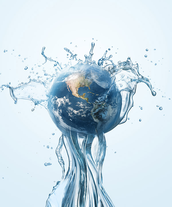 Composición gráfica de tonos azules del planeta Tierra atravesando un chorro de agua.