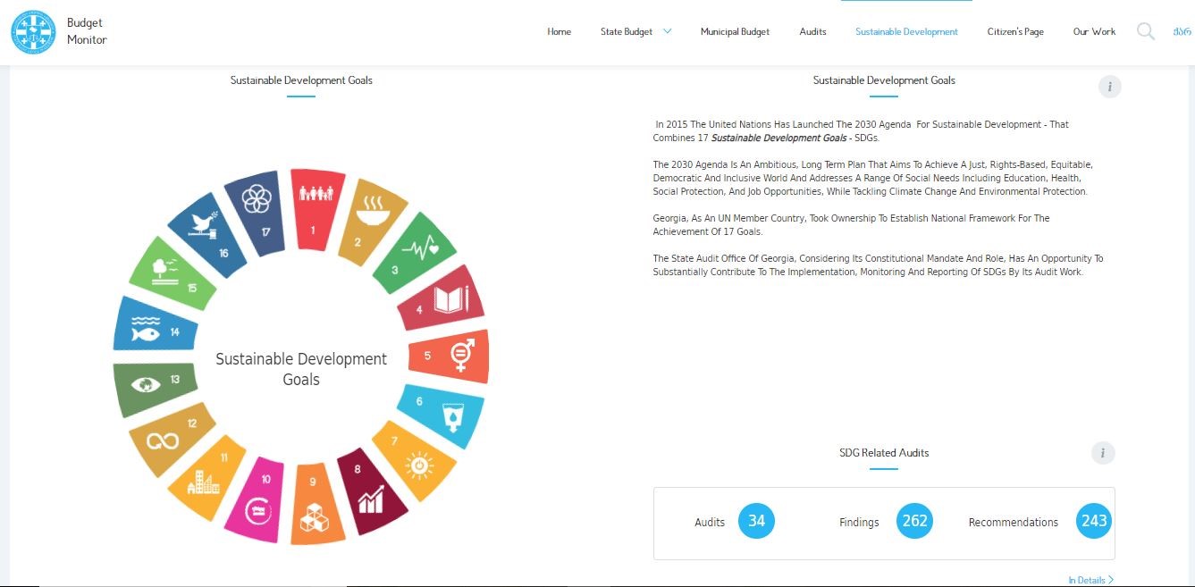 Budget Monitor (BM) - innovative ICT tool of State Audit Office of Georgia (SAOG) - supporting SDGs (www.budgetmonitor.ge/en) Budget Monitor (BM) - innovative ICT tool of State Audit Office of Georgia (SAOG) - supporting SDGs (www.budgetmonitor.ge/en)